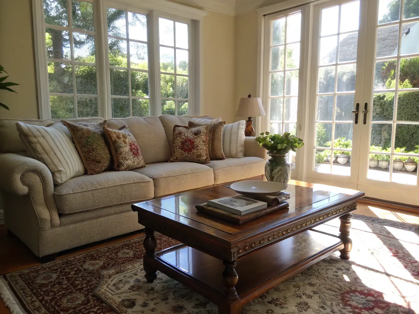 A bright and airy living room in a modern home, freshly cleaned with sunlight streaming through the windows, showcasing a dust-free environment.