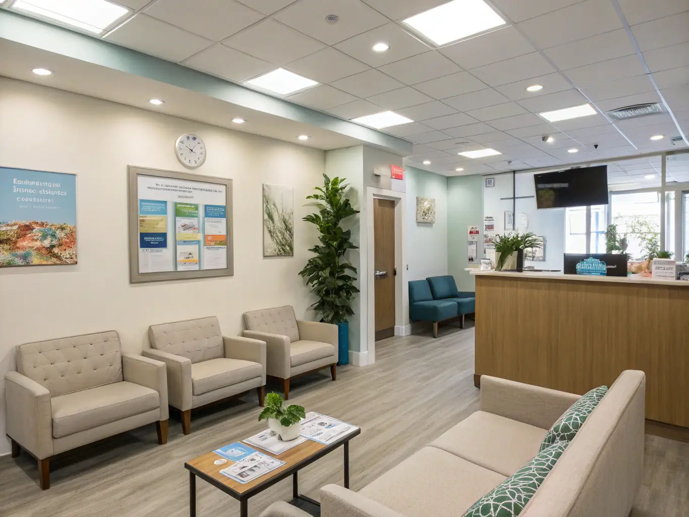 A spotless and sterile doctor's office waiting room, emphasizing cleanliness and patient safety.