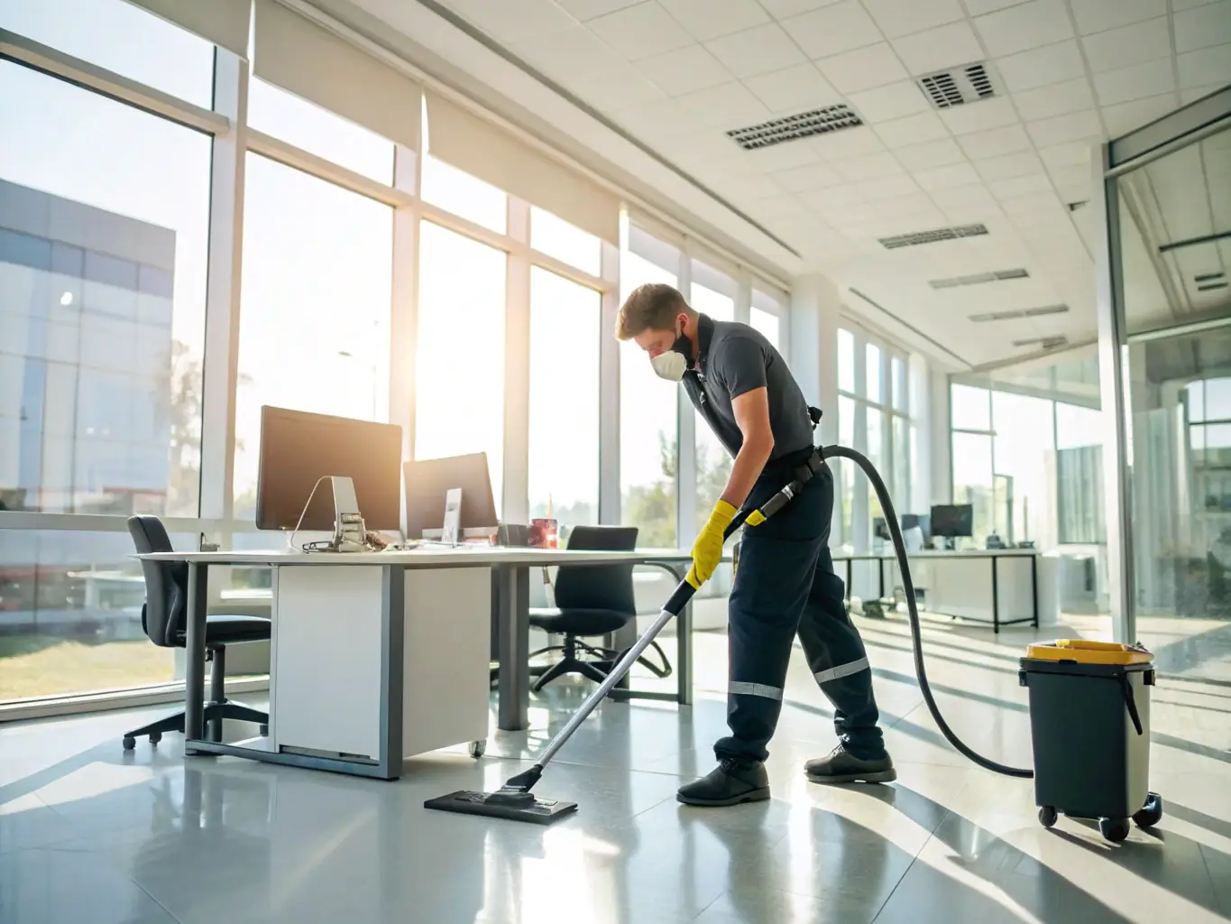 A brightly lit, modern office space being cleaned by a professional cleaner, showcasing attention to detail and hygiene.
