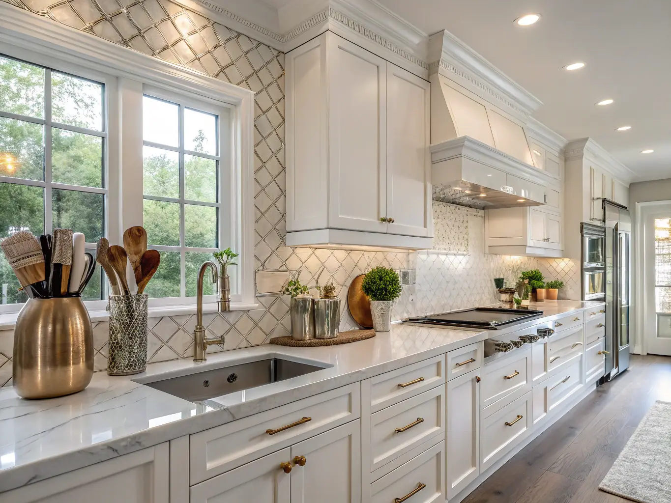 A sparkling clean kitchen with gleaming countertops and appliances, reflecting the high-quality cleaning provided by Go Clean.