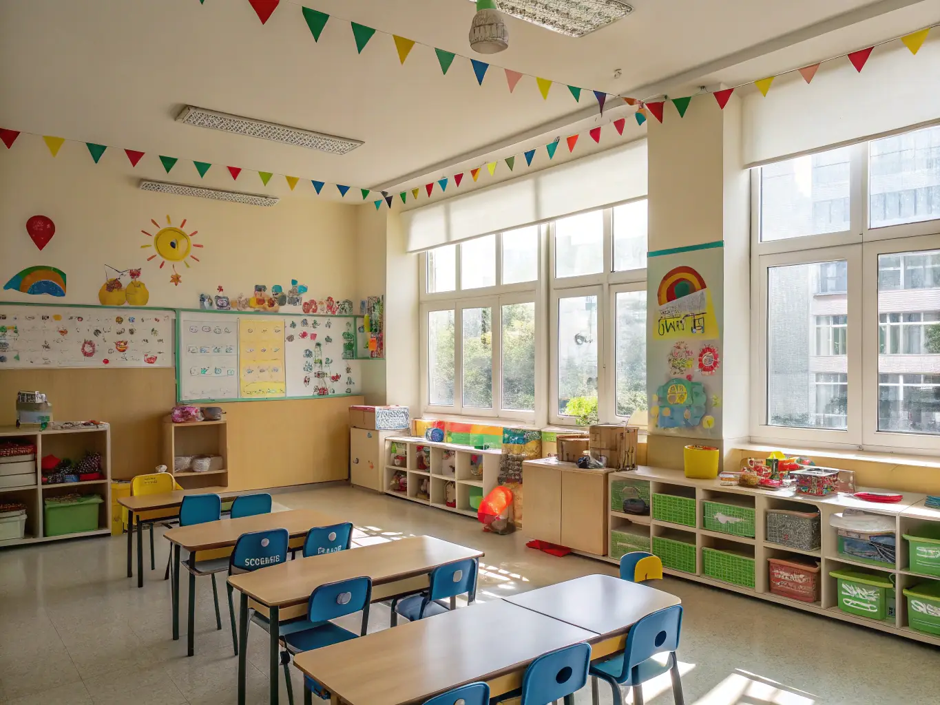 A clean and orderly school classroom with desks neatly arranged, symbolizing a healthy learning environment.